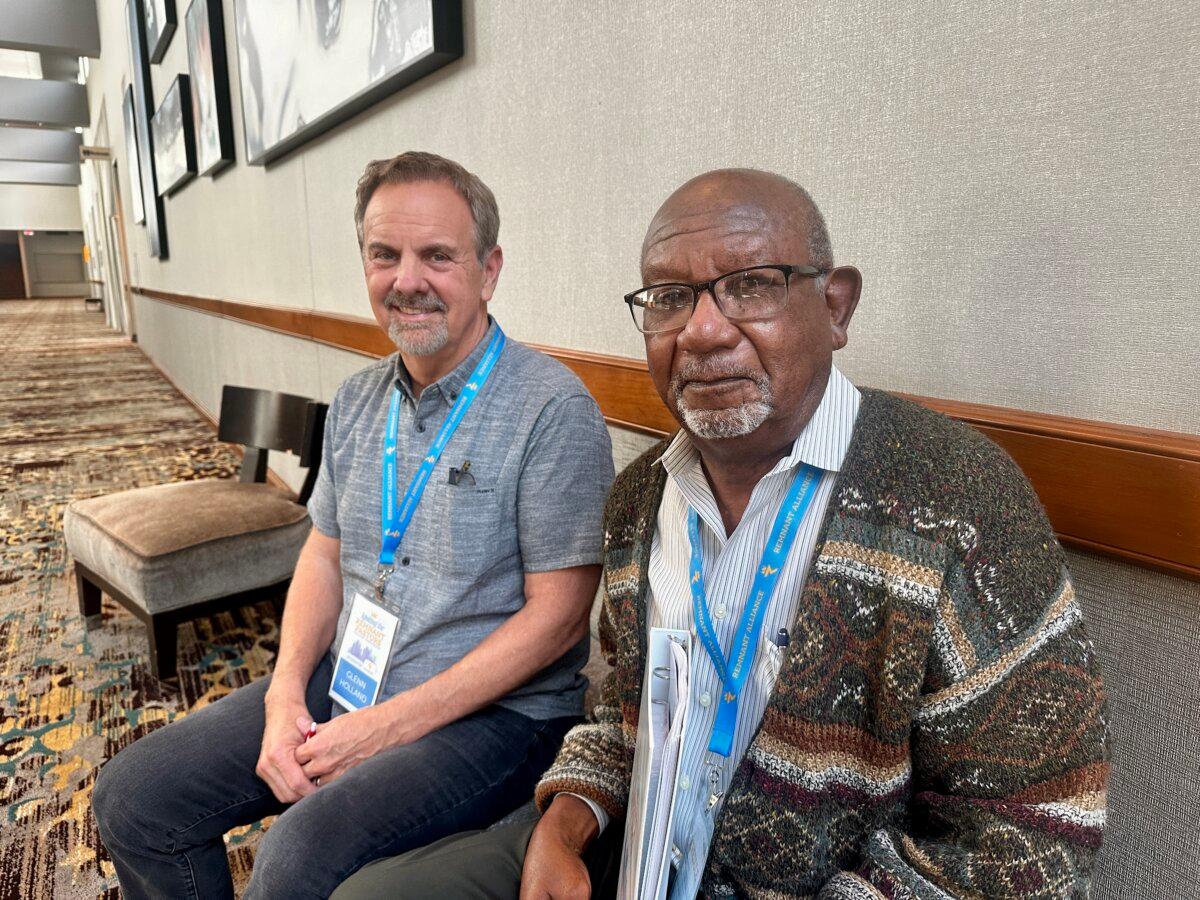 Glenn Holland (L) and Ed Sample (R), both pastors from Corpus Christi, Texas, attend a Remnant Alliance gathering in Frisco, Texas, on Aug. 1, 2024. (Darlene McCormick Sanchez/The Epoch Times)