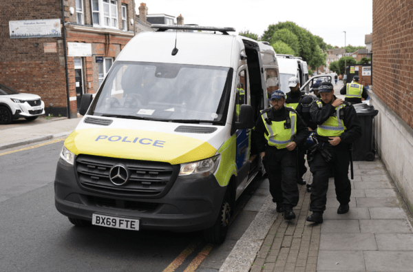 Police on patrol in North Finchley, London ahead of an anti-immigration protest Aug. 7 2024 (Jordan Pettitt/PA)