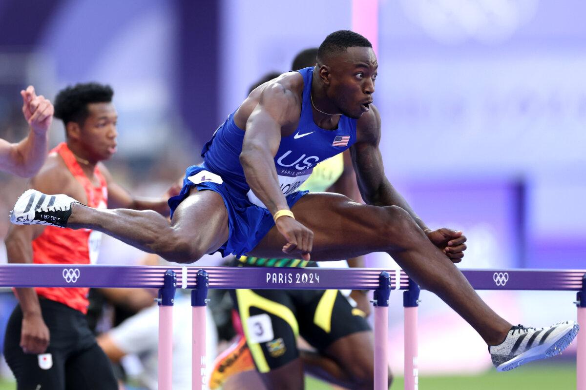 Grant Holloway of Team United States competes during the men's 110m hurdles semifinal on day 12 of the Olympic Games at Stade de France in Paris on Aug. 7, 2024. (Michael Steele/Getty Images)