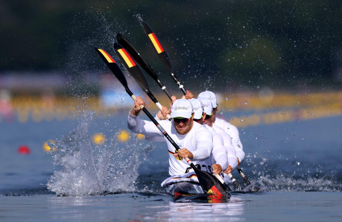 Max Rendschmidt of Team Germany and his teammates compete during the men's kayak four 500m heats on day 11 of the Olympic Games at Vaires-Sur-Marne Nautical Stadium in Paris on Aug. 6, 2024. (Justin Setterfield/Getty Images)