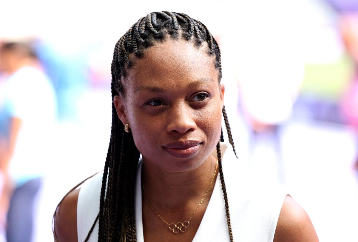 Allyson Felix, former American track and field athlete, looks on during a tour of the Stade de France on day six of the Olympic Games in Paris on Aug. 1, 2024. (Arturo Holmes/Getty Images)