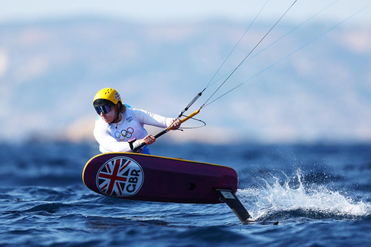 Eleanor Aldridge of Team Great Britain competes in the Women's Kite finals on day 13 of the Olympic Games at Marseille Marina in Marseille, France on Aug. 8, 2024. (Phil Walter/Getty Images)