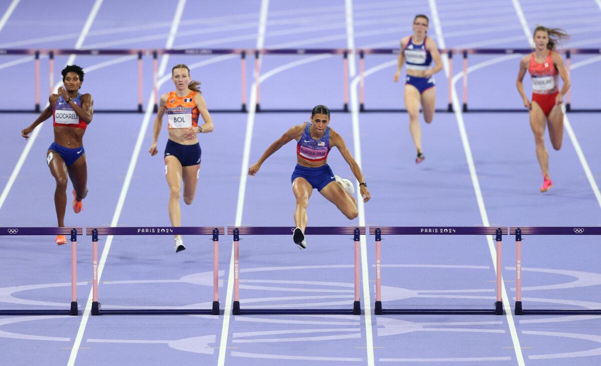 Sydney McLaughlin-Levrone of Team United States (C) competes in the women's 400m hurdles final on day 13 of the Olympic Games at Stade de France in Paris on Aug. 8, 2024. (Michael Steele/Getty Images)