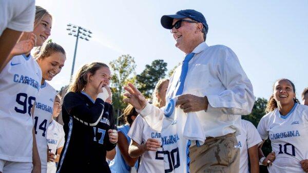 Anson Dorrance is holding his jersey after recording his 900th win as the women's coach in Chapel Hill, N.C., in 2018. (Courtesy of UNC Athletics)