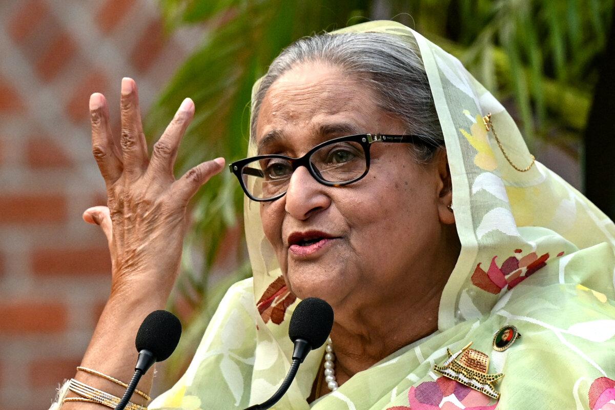Bangladesh's former Prime Minister Sheikh Hasina gestures while speaking to the media, a day after she won the 12th parliamentary elections, in Dhaka on Jan. 8, 2024. (Indranil Mukherjee/AFP via Getty Images)