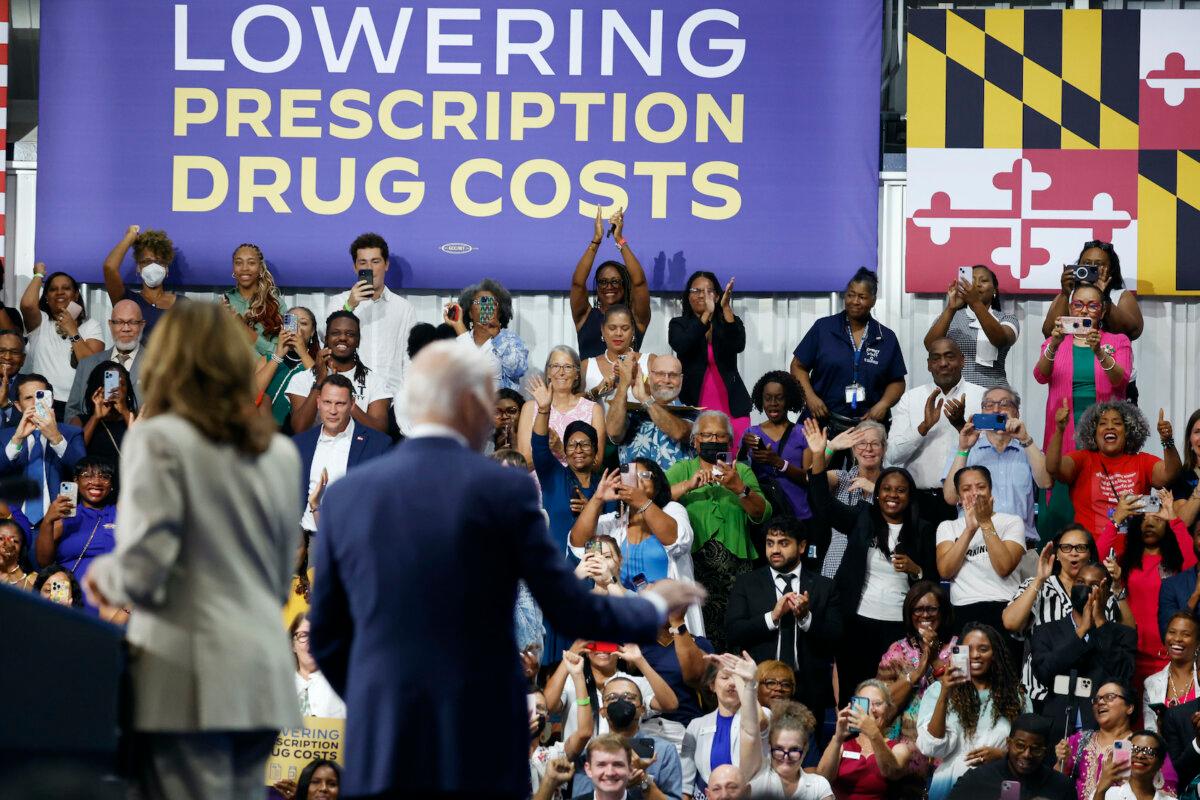 People cheer as Vice President Kamala Harris gives remarks alongside President Joe Biden at Prince George’s Community College in Largo, Md. on Aug. 15, 2024. (Anna Moneymaker/Getty Images)