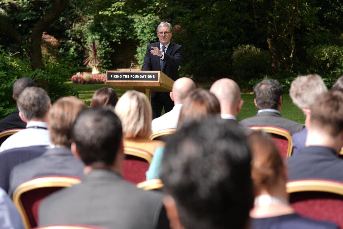 Prime Minister Sir Keir Starmer speaks in the Rose Garden of 10 Downing Street in London on Aug. 27, 2024. (Stefan Rousseau/PA)