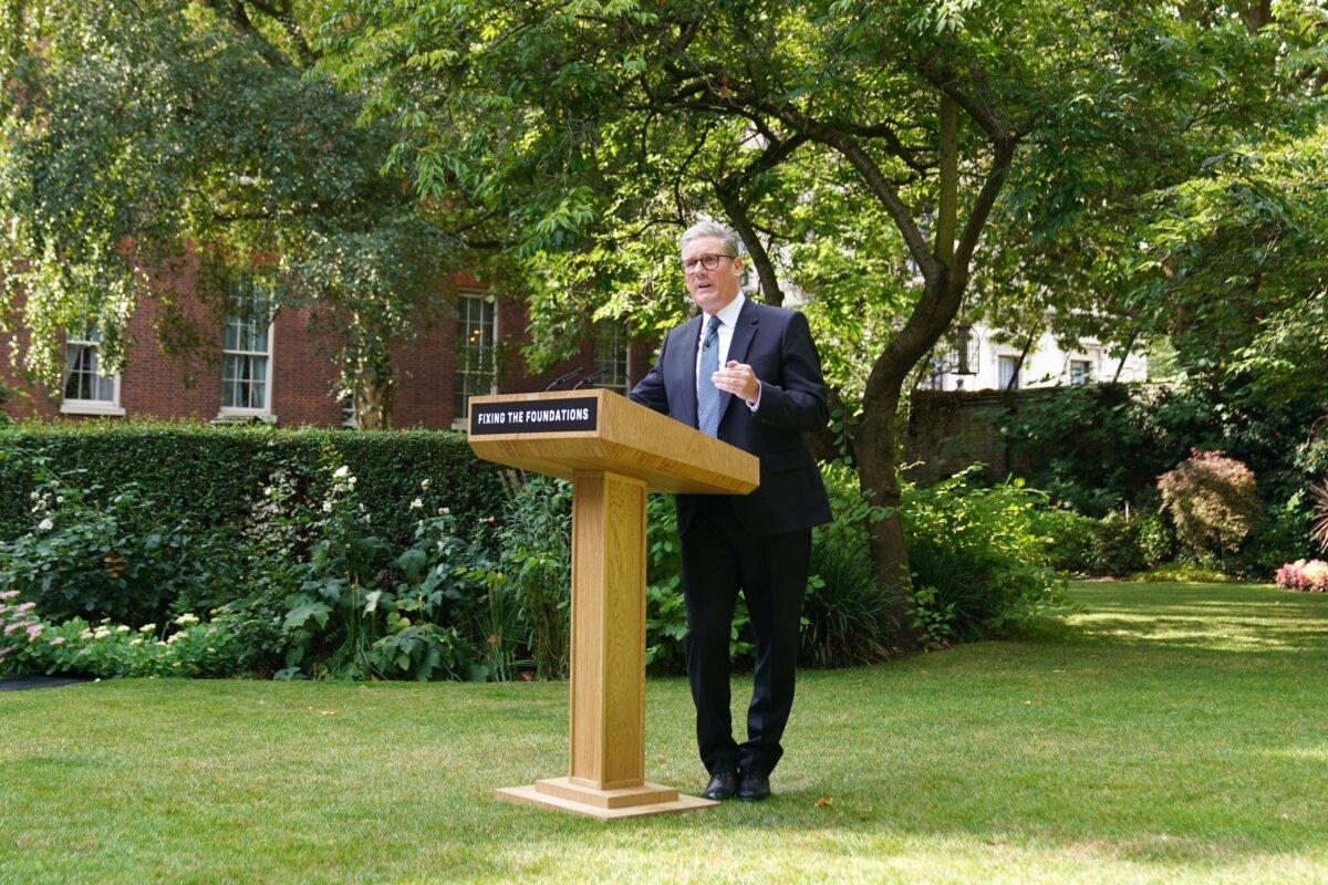 Prime Minister Sir Keir Starmer delivers his speech from the rose garden at 10 Downing Street in London on Aug. 27, 2024. (Stefan Rousseau/PA)