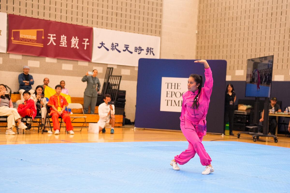 Majoa Chaux Rojas participates in the NTD International Traditional Chinese Martial Arts Competition preliminary round in Waldick, New Jersey, on Aug. 31, 2024. (Larry Dye/The Epoch Times)