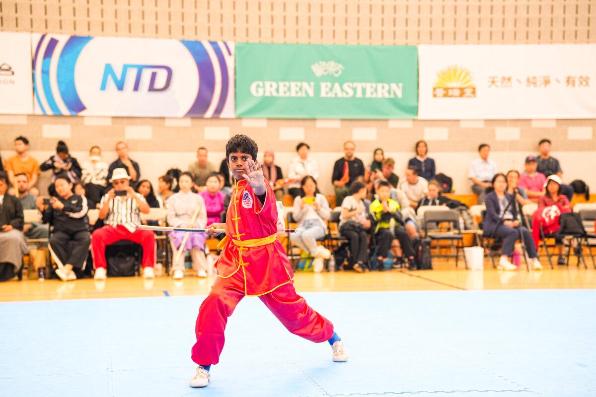 Maahin Goel participates in the NTD International Traditional Chinese Martial Arts Competition preliminary round in Waldick, New Jersey, on Aug. 31, 2024. (Larry Dye/The Epoch Times)