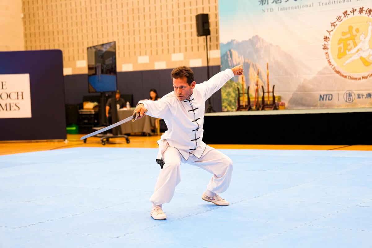Mauricio Pinzon participates in the NTD International Traditional Chinese Martial Arts Competition preliminary round in Waldick, New Jersey, on Aug. 31, 2024. (Larry Dye/The Epoch Times)