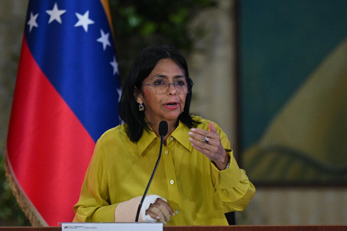 Venezuelan Vice President Delcy Rodríguez speaks during a meeting with Venezuelan Foreign Minister Yvan Gil (out of frame) and members of the diplomatic corps accredited to Venezuela at the Ministry of Foreign Affairs in Caracas on Aug. 8, 2024. (Federico Parra/AFP via Getty Images)