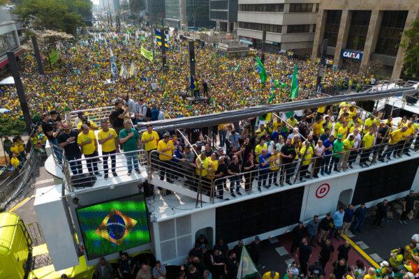 Demonstrators take part in a protest calling for the impeachment of Brazilian Supreme Court Justice Alexandre de Moraes, who recently imposed a nationwide block on Elon Musk's social media platform X, in Sao Paulo on Sept. 7, 2024. (Ettore Chiereguini/AP Photo)
