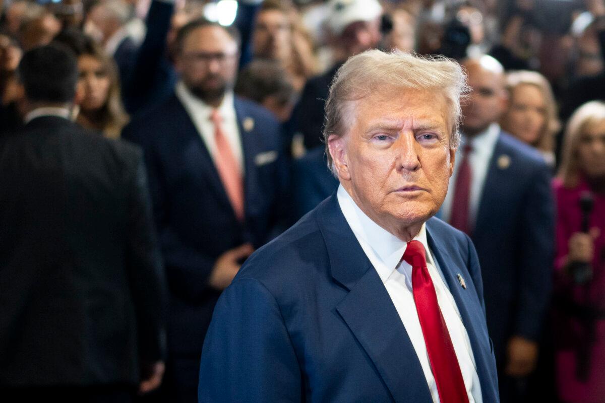 Republican presidential nominee former President Donald J. Trump speaks to reporters in the spin room after debating his opponent, Democratic presidential nominee Vice President Kamala Harris, in Philadelphia, Pa., on Sept. 10, 2024. (Madalina Vasiliu/The Epoch Times)