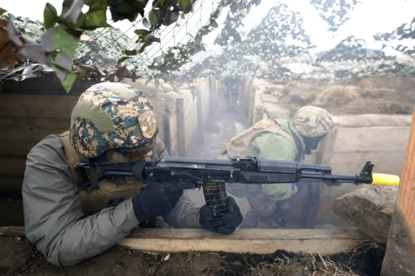 Ukrainian soldiers take part in a military exercise at a military training camp in Yorkshire, England, on Feb. 16, 2023. (PA Wire/PA Images)