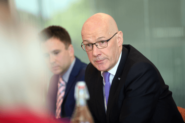First Minister John Swinney during a visit to Forth Valley College to meet representatives from the Grangemouth oil refinery and local government representatives in Scotland on Sept. 13, 2024. (Michael Boyd/PA Wire)