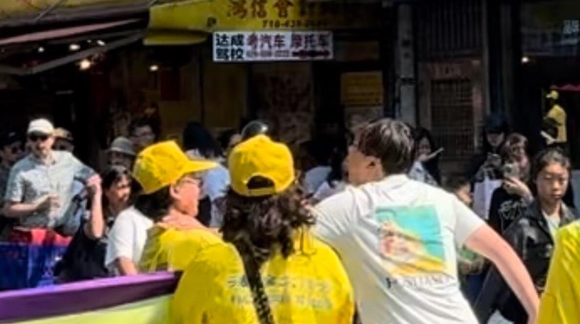A man appears to attack several Falun Gong practitioners during and after a parade in Brooklyn, New York, on Sept. 14, 2024. (Courtesy of Tuidang Center)