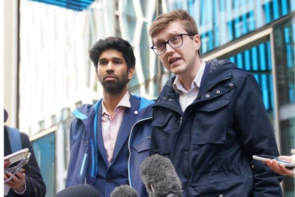 Co-chairmen of the BMA's Junior Doctors Committee Dr. Vivek Trivedi (left) and Dr. Robert Laurenson (right) speaking to the media outside the Department Of Health and Social Care, in London, on March 2, 2023. (PA Wire/PA Images)
