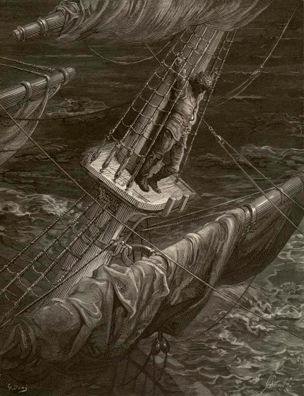 "I Had Done a Hellish Thing," 1876, by Gustave Doré. The engraving depicts the mariner holding on to ratlines in the crow's nest of a sailing ship. (Public Domain)