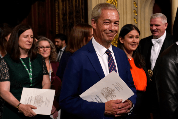 Reform UK leader Nigel Farage walks from the House of Lords after hearing the King's Speech during the State Opening of Parliament in the House of Lords at the Palace of Westminster in London, on July 17, 2024. (Alberto Pezzali/PA Wire)