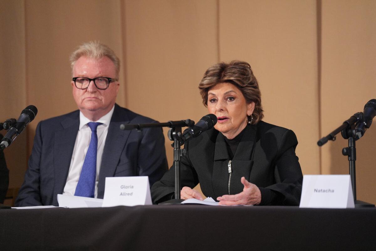 Members of the legal team, Dean Armstrong, KC and American attorney Gloria Allred, who featured in "Al Fayed: Predator at Harrods" during a press conference to discuss their involvement in the investigation and the legal claim against Harrods for failing to provide a safe system of work for their employees, at Kent House in Knightsbridge, London, on Sept. 20, 2024. (PA)