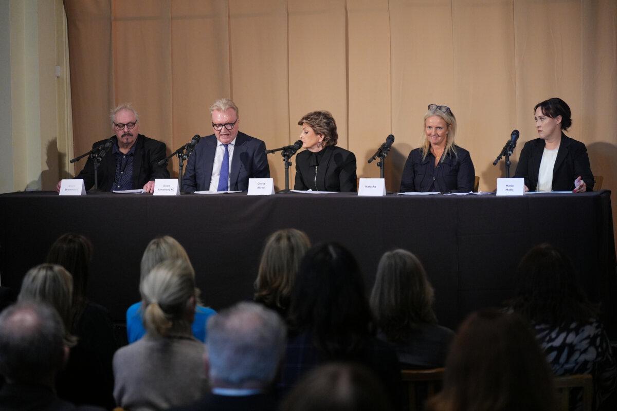 The legal team, (left to right) barrister Bruce Drummond, Dean Armstrong, KC, attorney Gloria Allred, alleged victim Natacha, and barrister Maria Mulla, who featured in "Al Fayed: Predator at Harrods," during a press conference to discuss their involvement in the legal case against Harrods, at Kent House in Knightsbridge, London, on Sept. 20, 2024. (PA)