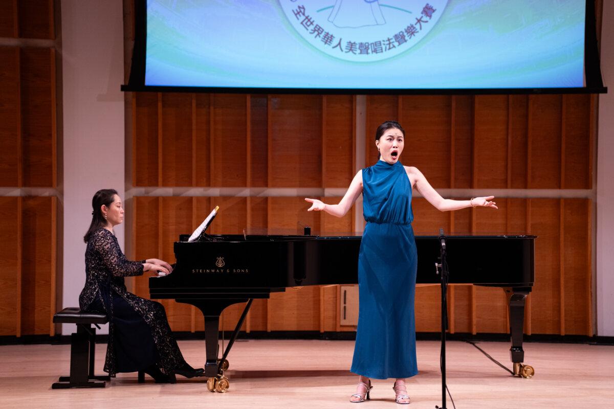Mezzo-soprano Fengzhen Liu performs at the NTD 9th International Chinese Vocal Competition at the Merkin Hall of Kaufman Music Center in New York City on Sept. 21, 2024. (Larry Dye/The Epoch Times)