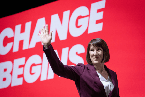Chancellor of the Exchequer Rachel Reeves takes applause after she addressed the Labour Party Conference at the ACC Liverpool in England on Sept. 23, 2024. (Stefan Rousseau/PA Wire)
