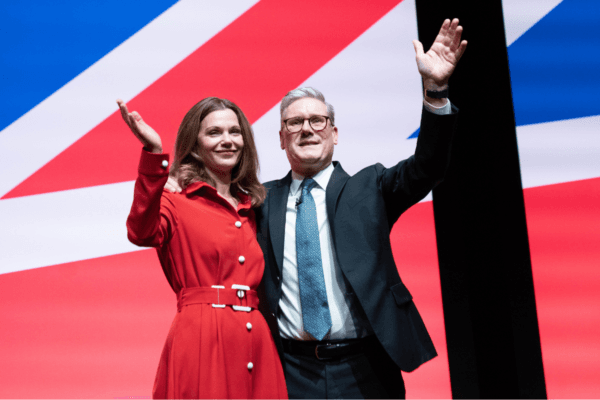 Prime Minister Keir Starmer is joined on stage by his wife Victoria after delivering his keynote speech to the Labour Party Conference in Liverpool, England, on Sept. 24, 2024. (Stefan Rousseau/PA Wire)