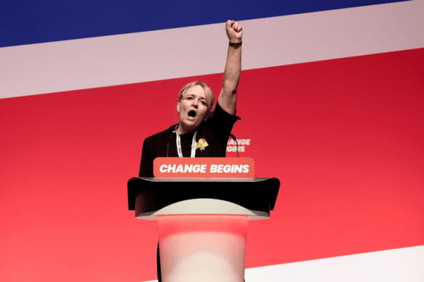 Unite General Secretary Sharon Graham speaks during the Labour Party Conference at the ACC Liverpool in England on Sept. 25, 2024. (Stefan Rousseau/PA Wire)