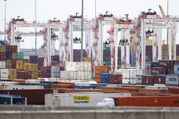 Cargo shipping containers and cranes are seen at cargo terminals as part of the Port of Baltimore on June 12, 2024. (Saul Loeb/AFP via Getty Images)