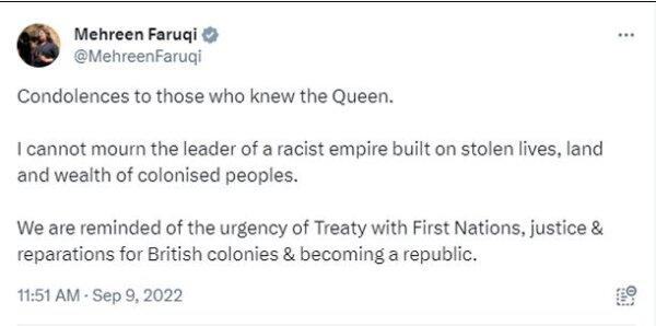 Social media post on X by Greens Senator Mehreen Faruqi in response to the death of Queen Elizabeth II (Courtesy of the Federal Court of Australia)