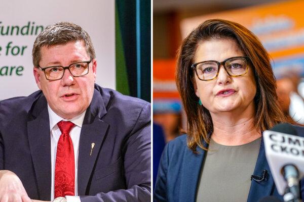 (L) Saskatchewan Party Leader Scott Moe. (R) NDP Leader Carla Beck. (The Canadian Press/Heywood Yu)