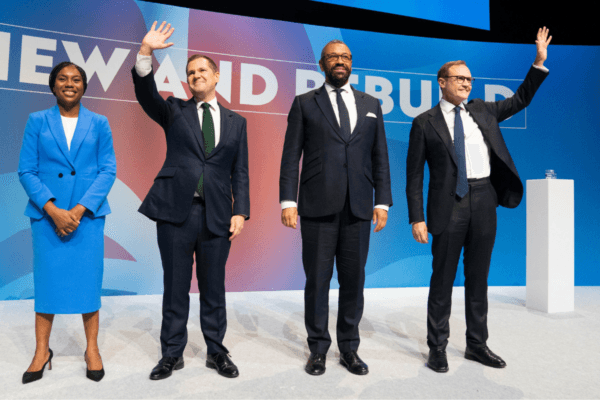 (Left to right) Tory leadership candidates, Kemi Badenoch, Robert Jenrick, James Cleverly, and Tom Tugendhat, stand together on stage after delivering their speeches during the Conservative Party Conference at the International Convention Centre in Birmingham, England, on Oct. 2, 2024. (Stefan Rousseau/PA Wire)