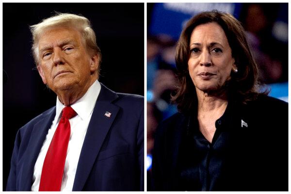 (Left) Former President Donald Trump delivers remarks at a campaign rally in Reading, Pa., on Oct. 9, 2024. (Right) Vice President Kamala Harris speaks during a rally in Flint, Mich., on Oct. 4, 2024. (Chip Somodevilla, Scott Olson/Getty Images)