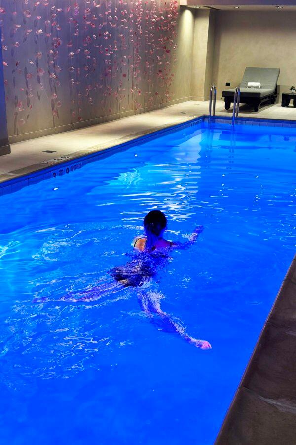 Indoor pool at the Nobu Hotel Chicago—the blue lights change to green and back. (Alan Behr/TNS)
