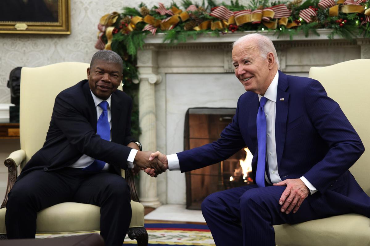 President Joe Biden shakes hands with President Joao Lourenco of Angola during a meeting in the Oval Office on Nov. 30, 2023. (Alex Wong/Getty Images)
