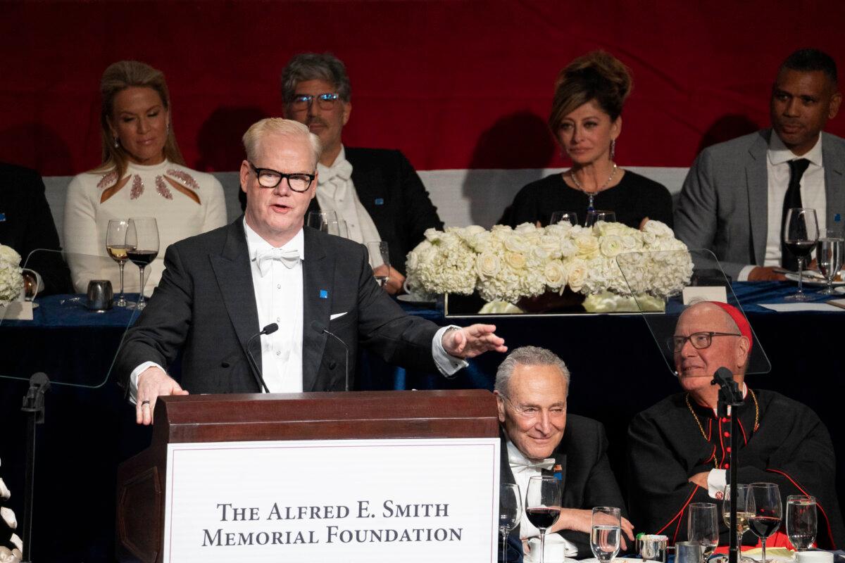 Comedian Jim Gaffigan speaks at the 79th annual Alfred E. Smith Memorial Foundation Dinner at the New York Hilton Midtown in New York City on Oct. 17, 2024. (Samira Bouaou/The Epoch Times)