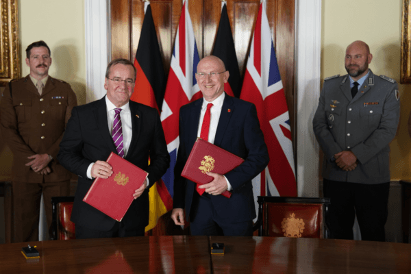 Defence Secretary John Healey (centre right) and his German counterpart, Boris Pistorius, (centre left) at the signing of a new UK–Germany Defence Agreement at Trinity House in London, on Oct. 23, 2024. (Jordan Pettitt/PA)