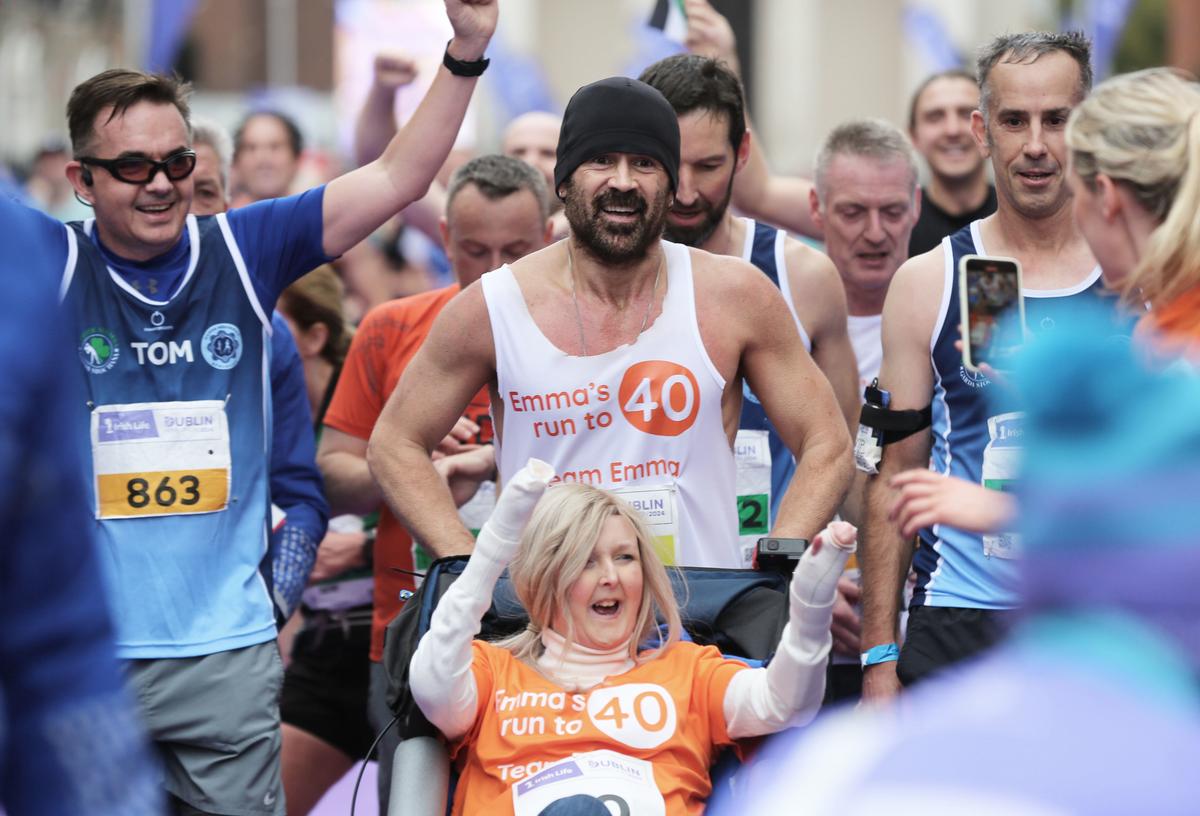 Colin Farrell Finishes Dublin Marathon While Pushing Friend With Rare Skin Condition in Wheelchair
