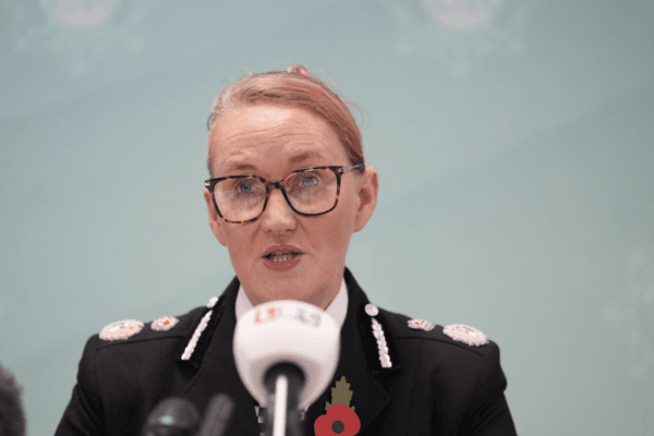 Merseyside Police Chief Constable Serena Kennedy announcing that Axel Rudakubana has been charged with a terror offence and producing the deadly poison ricin in Liverpool, England, on Oct. 29, 2024. (Danny Lawson/PA Wire)