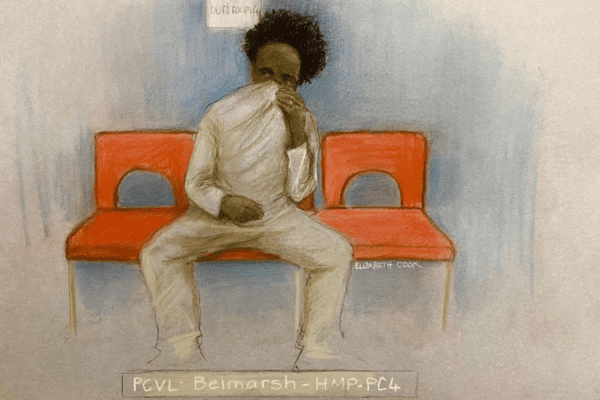 Court artist drawing by Elizabeth Cook of Axel Rudakubana, 18, appearing by video-link from Belmarsh prison at London's Westminster Magistrates' Court, London, on Oct. 30, 2024. (Elizabeth Cook/PA Wire)