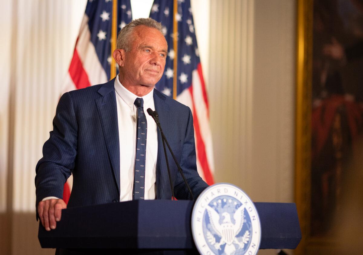 Robert F. Kennedy Jr. speaks at the Nixon Library in Yorba Linda, Calif., on June 12, 2024. (John Fredricks/The Epoch Times)