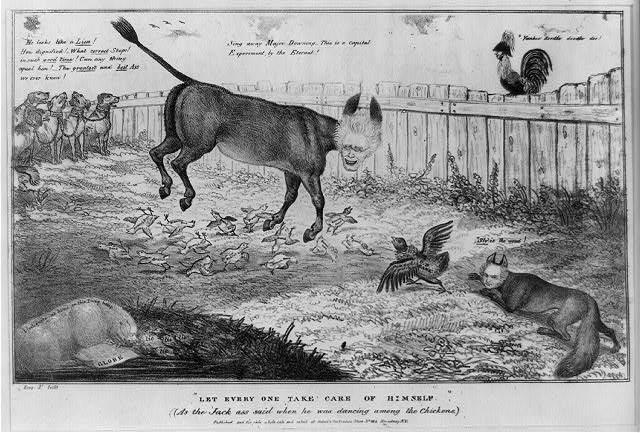 "Let Every One Take Care of Himself" is a political satire of Andrew Jackson, whose face is shown on the jackass's head. Library of Congress. (Public Domain)