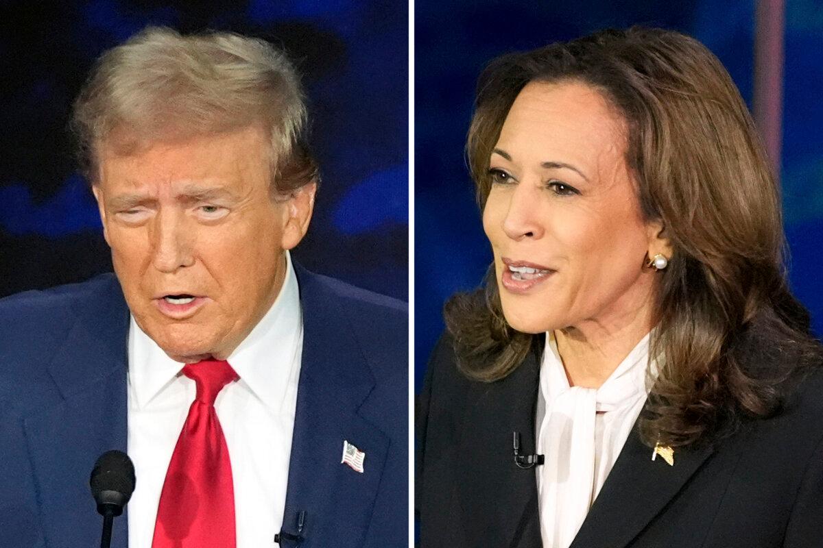 Republican presidential nominee former President Donald Trump (L) and Democratic presidential nominee Vice President Kamala Harris during an ABC News presidential debate at the National Constitution Center in Philadelphia on Sept. 10, 2024. (Alex Brandon/AP Photo)