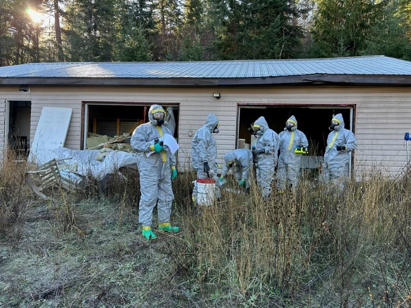 British Columbia RCMP investigators are seen outside a drug “superlab” in Falkland, B.C., on Oct. 25, 2024. (RCMP/Handout photo)