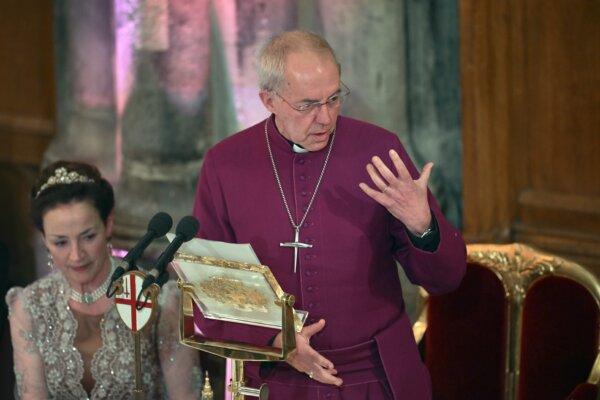 Justin Welby, archbishop of Canterbury, addresses guests at the Lord Mayor's Banquet at Guildhall in London, on Nov. 13, 2023. (Leon Neal/Getty Images)