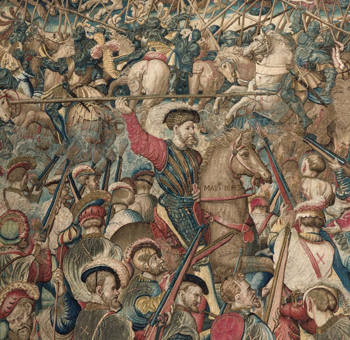 A detail of Fernando Francesco d’Avalos, Marquis of Pescara from the tapestry "Defeat of the French Cavalry and the Imperial Infantry Seize the Enemy Artillery." (Randy Dodson/Courtesy of the Fine Arts Museums of San Francisco)