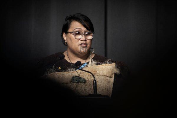 Abuse survivor, Tu Chapman, speaks following New Zealand's Prime Minister Christopher Luxon's 'formal and unreserved' apology in Parliament, in Wellington, New Zealand on Nov. 12, 2024. (Monique Ford/Stuff via AP)
