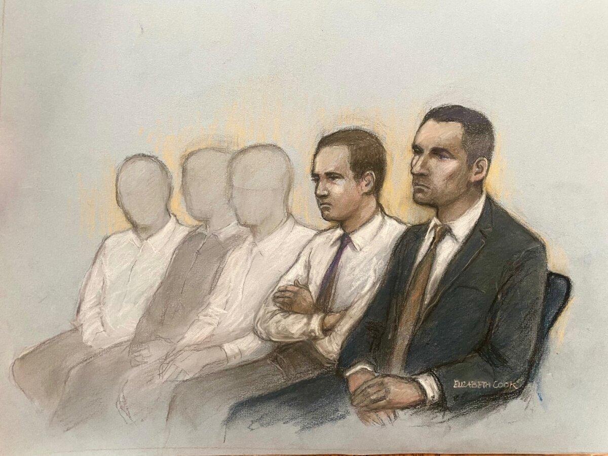 Court artist drawing of Antony Snook (right) sitting beside Riley Tolliver, 18, and teenagers aged 15, 16, and 17, who cannot be named for legal reasons at Bristol Crown Court, during their trial for the murders of teenagers Mason Rist and Max Dixon on Jan. 27, 2024. Picture date: Oct. 9, 2024. (PA)
